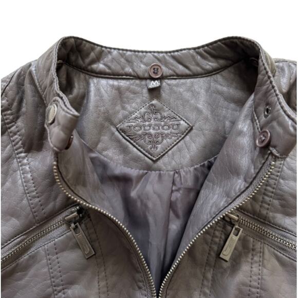 Jou Jou Gray Faux Leather Detachable Hood Fitted Pockets Moto Jacket Coat Medium - Picture 4 of 14